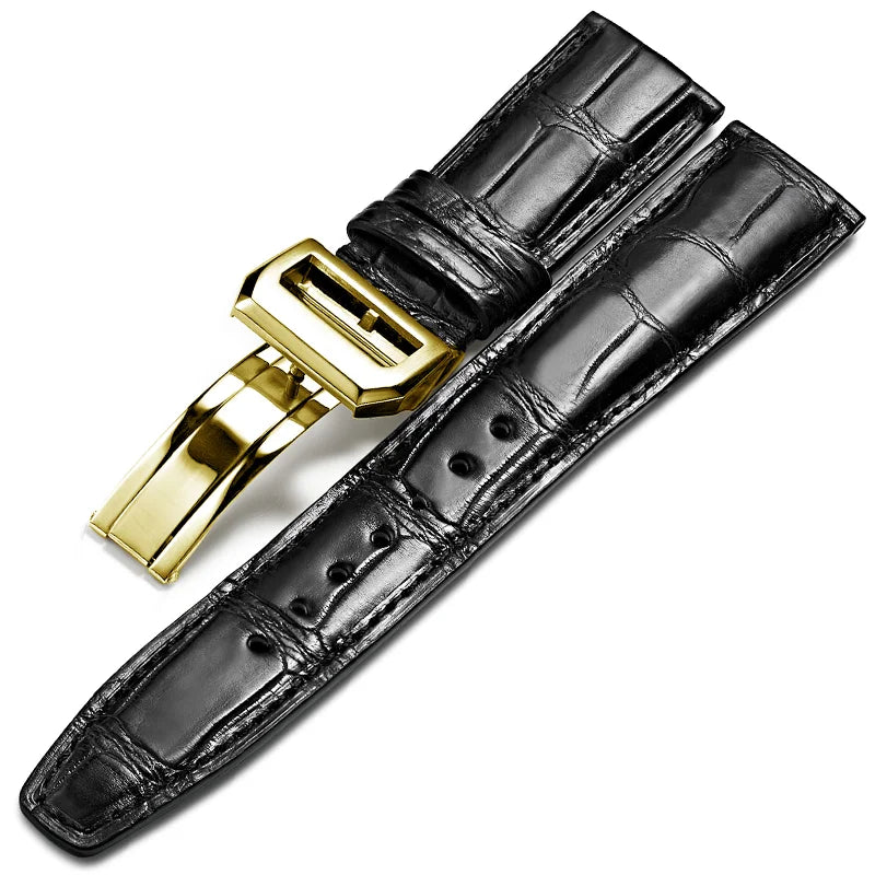 WatchesMate black alligator-textured leather strap with gold folding clasp, compatible with IWC Portofino watches