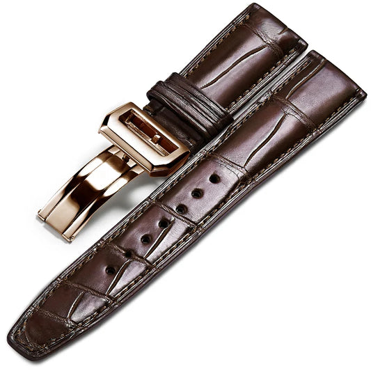 WatchesMate brown alligator-textured leather strap with rose gold folding clasp, compatible with IWC Portofino watches