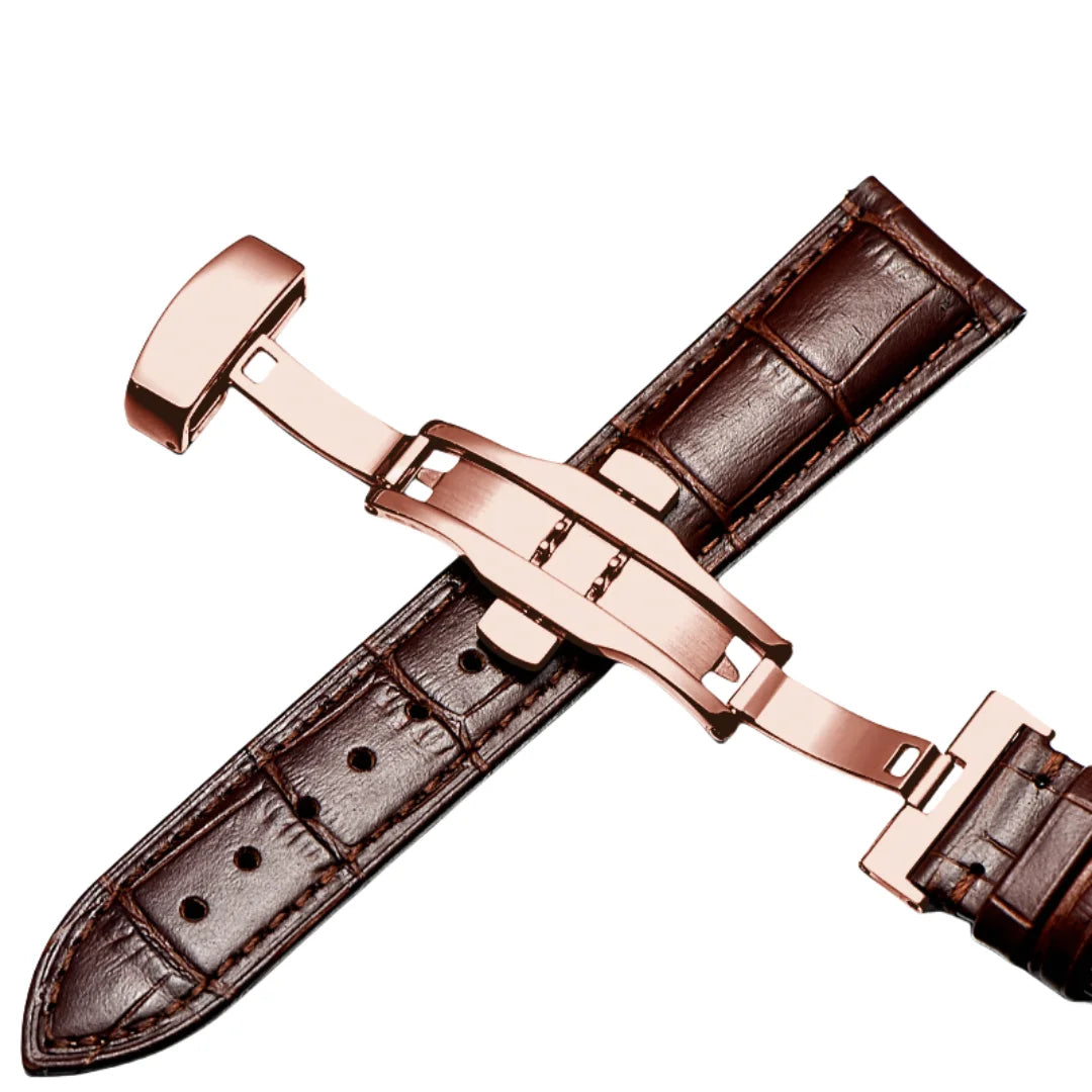 Brown Calfskin Leather Watch Strap - Rose Gold Butterfly Buckle