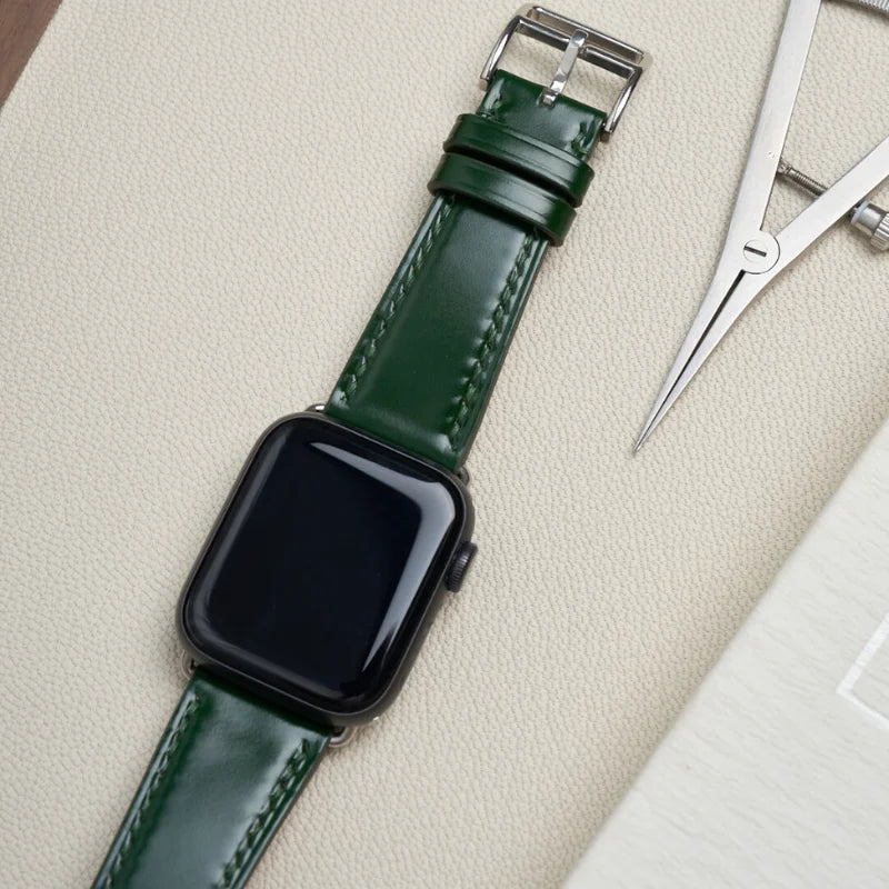 Handcrafted green Shell Cordovan leather Apple Watch band for Apple Watch Series 10 42 mm