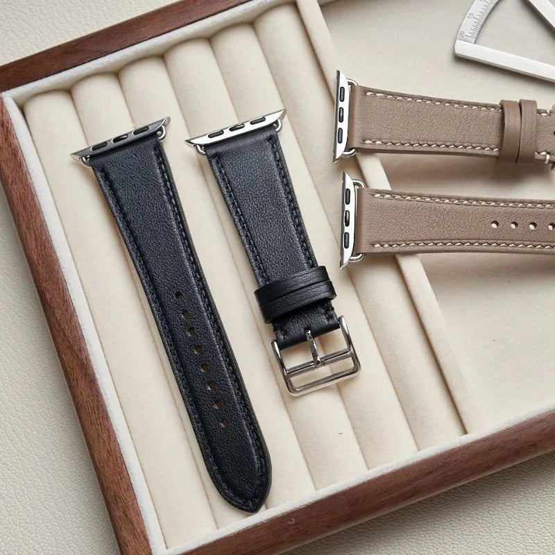 Handmade black Swift leather strap, compatible with Apple Watch Series 8 (45mm). Premium craftsmanship by WatchesMate for stylish and comfortable wear