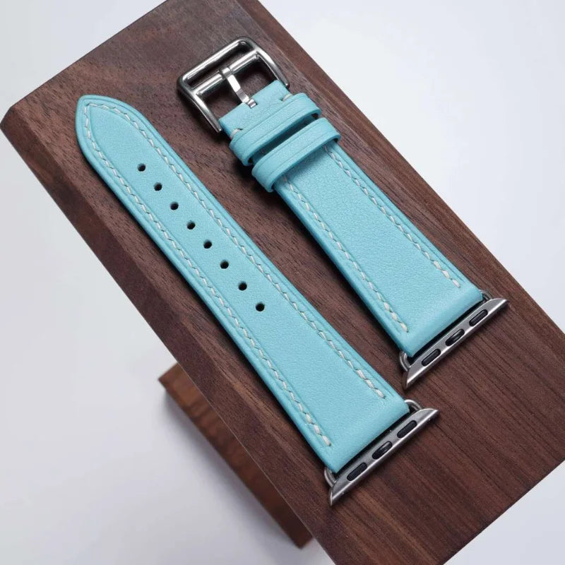 Handmade blue Swift leather strap, compatible with Apple Watch Ultra 49 mm. Premium craftsmanship by WatchesMate for stylish and comfortable wear