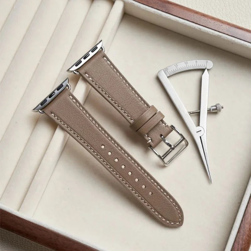 Handmade gray Swift leather strap, compatible with Apple Watch Series 9 (41mm). Premium craftsmanship by WatchesMate for stylish and comfortable wear