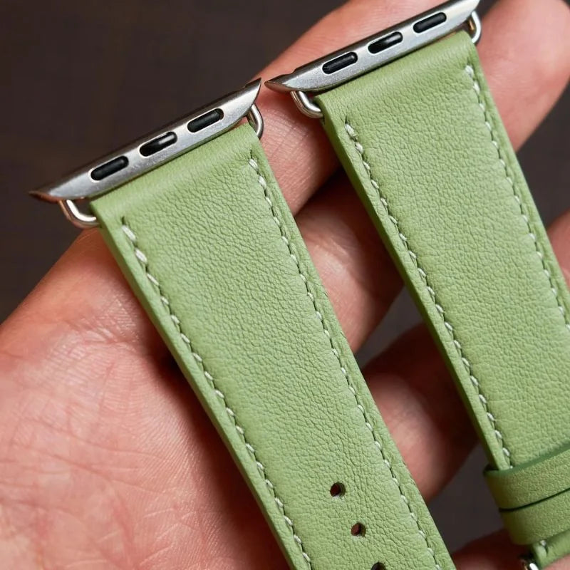 Handmade green Swift leather band, compatible with Apple Watch Series 10 (41mm). Crafted by WatchesMate for premium comfort and style