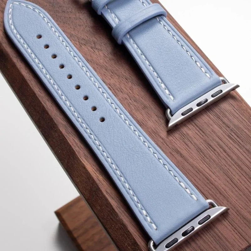 Handmade linen blue Swift leather band, compatible with Apple Watch SE 44MM. Crafted by WatchesMate for premium comfort and style