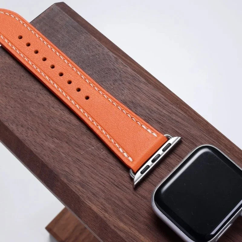 Handmade orange Swift leather strap, compatible with Apple Watch Series 8 (45mm). Premium craftsmanship by WatchesMate for stylish and comfortable wear