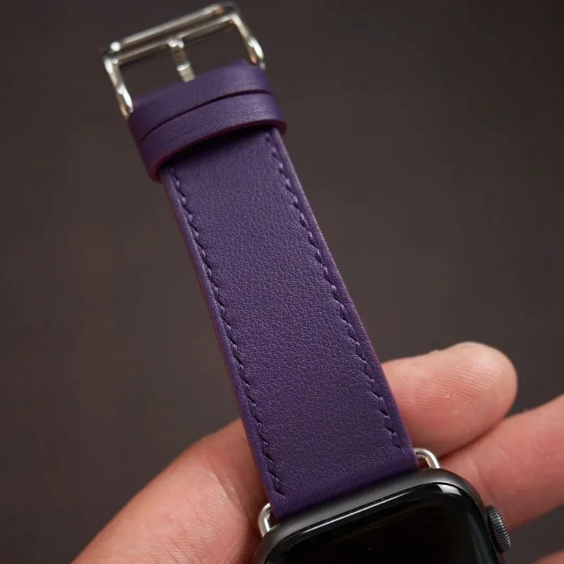 Handmade purple Swift leather band, compatible with Apple Watch Series 10 (42mm). Crafted by WatchesMate for premium comfort and style