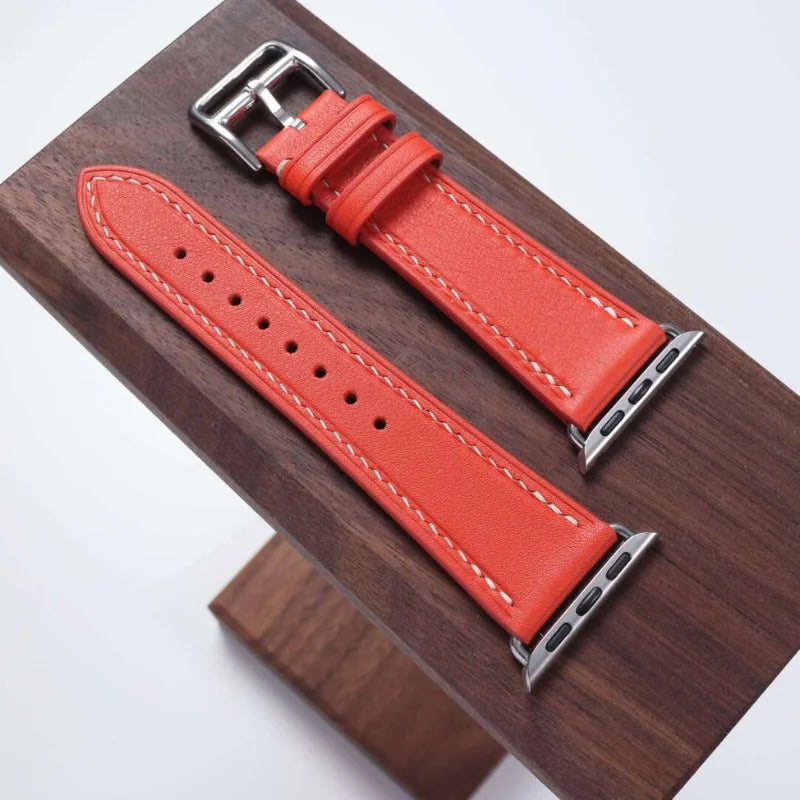 Handmade red Swift leather strap, compatible with Apple Watch Series 7 (44mm). Premium craftsmanship by WatchesMate for stylish and comfortable wear