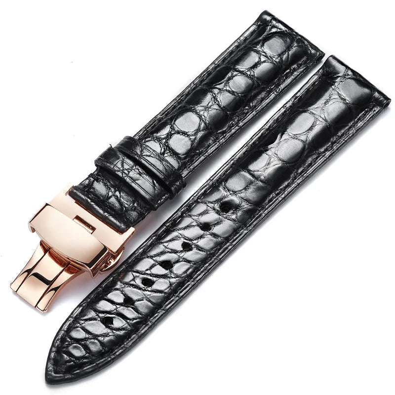 Black alligator‑textured strap featuring rose gold butterfly clasp, premium craftsmanship for dress watch styles.