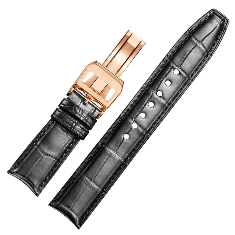 WatchesMate black alligator-textured leather strap for IWC Portugieser with rose gold deployant clasp.