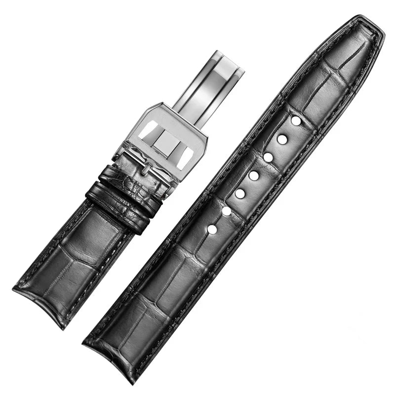 WatchesMate black alligator-textured leather strap for IWC Portugieser with silver deployant clasp.