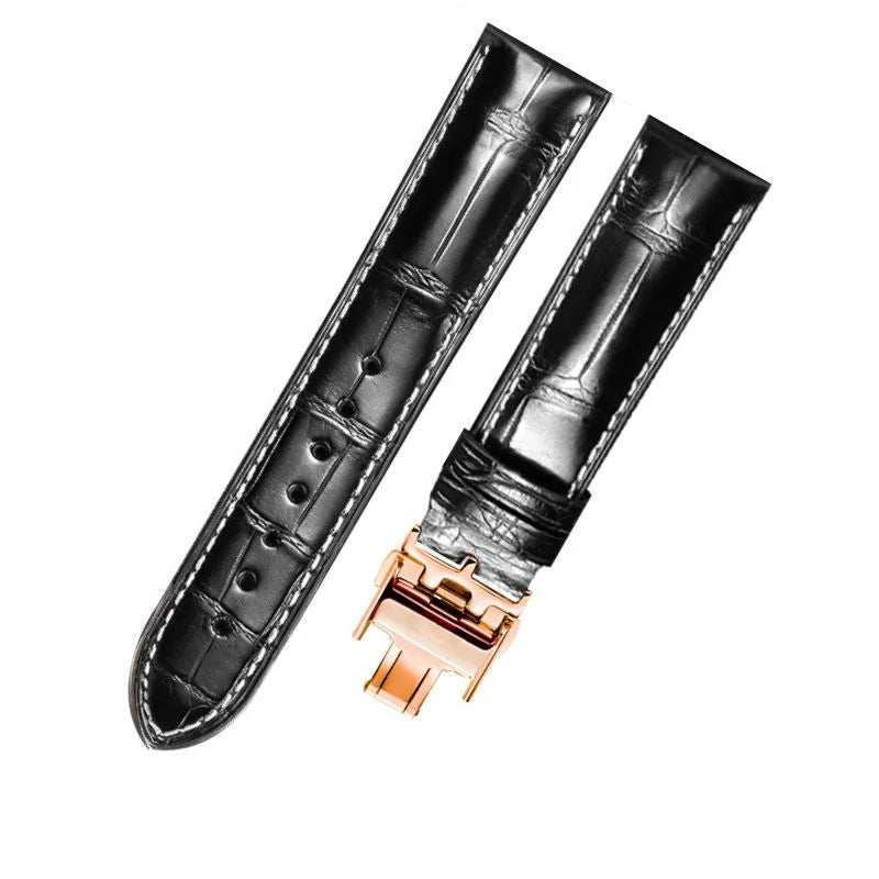 WatchesMate black alligator-textured leather strap for Longines with rose gold deployant clasp.