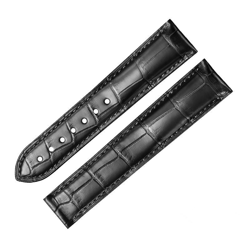 WatchesMate black alligator-textured leather strap for Omega, precision hand‑stitched by skilled artisans.