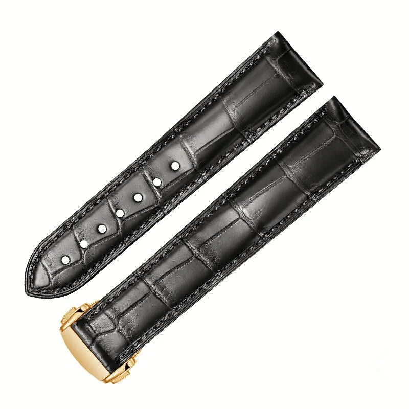 Black alligator-textured leather strap for Omega with gold deployant clasp, meticulously hand‑sewn for enduring style.