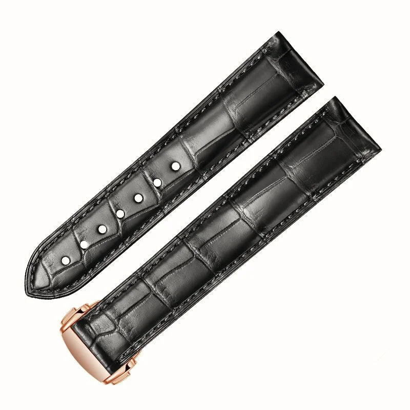 Black alligator‑textured leather Omega strap with rose gold deployant clasp, offered in 19 mm, 20 mm & 21 mm sizes.