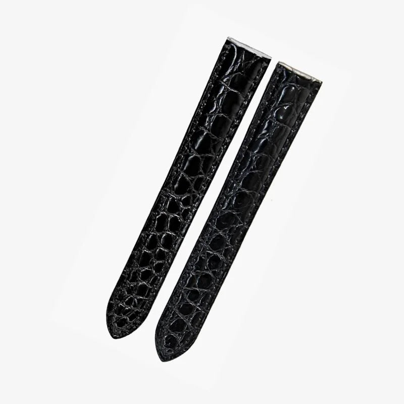 WatchesMate black alligator-textured leather watch strap compatible with Cartier Tank, featuring premium craftsmanship
