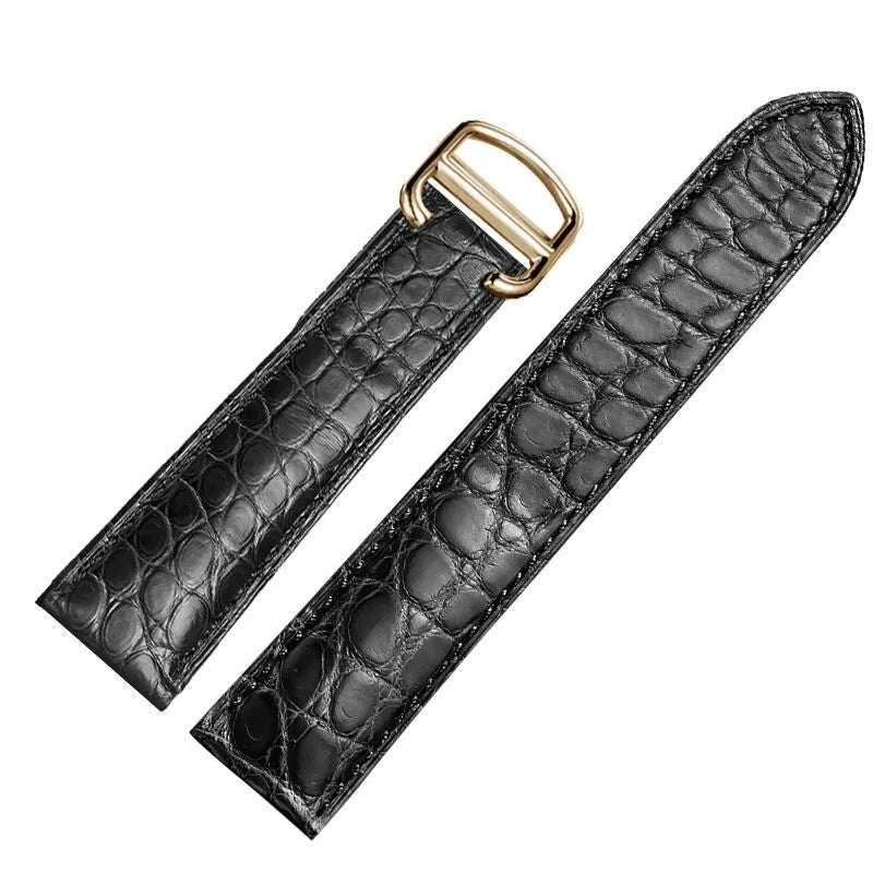WatchesMate black alligator-textured leather strap with gold folding buckle, compatible with Cartier Tank watches, showcasing sleek contemporary style