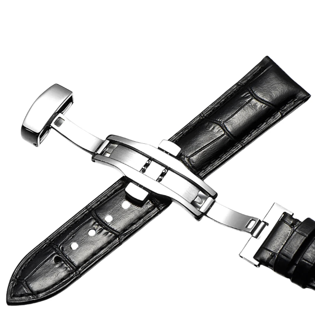 Black calfskin watch strap featuring a silver butterfly clasp.