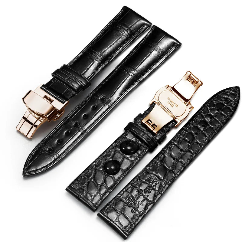 WatchesMate black dual-sided alligator-textured leather watch strap featuring a rose gold butterfly clasp.