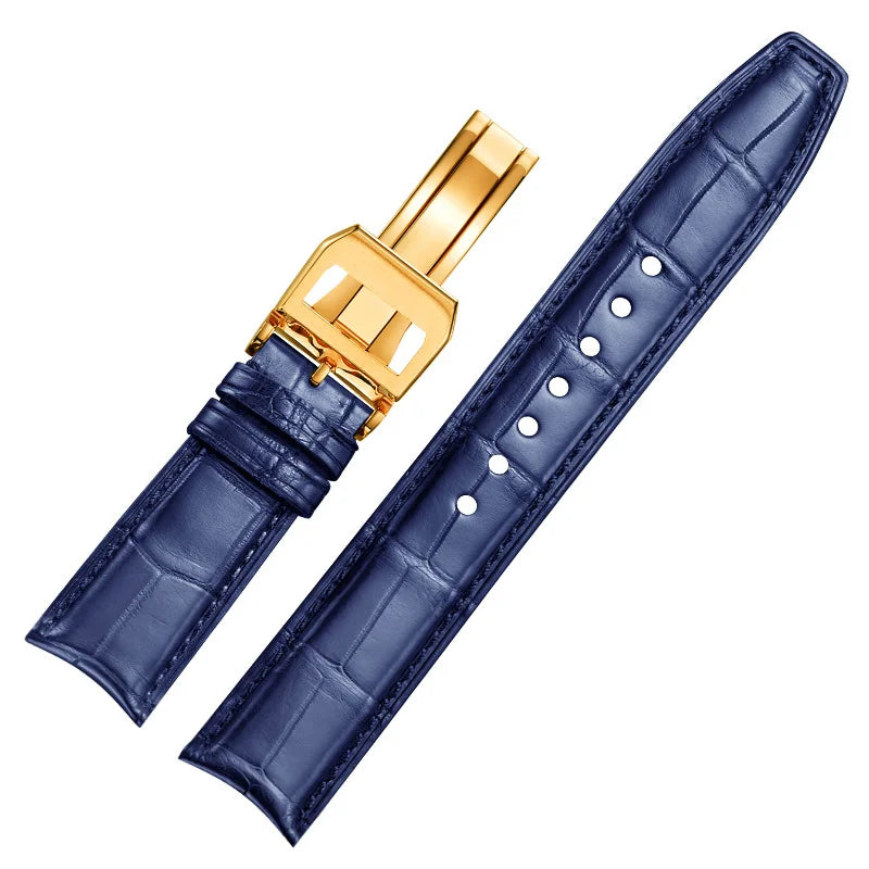 WatchesMate blue alligator-textured leather strap for IWC Portugieser with gold deployant clasp.