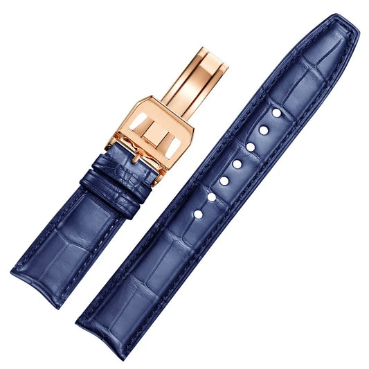 WatchesMate blue alligator-textured leather watch strap compatible with IWC Portugieser, featuring rose gold deployant clasp