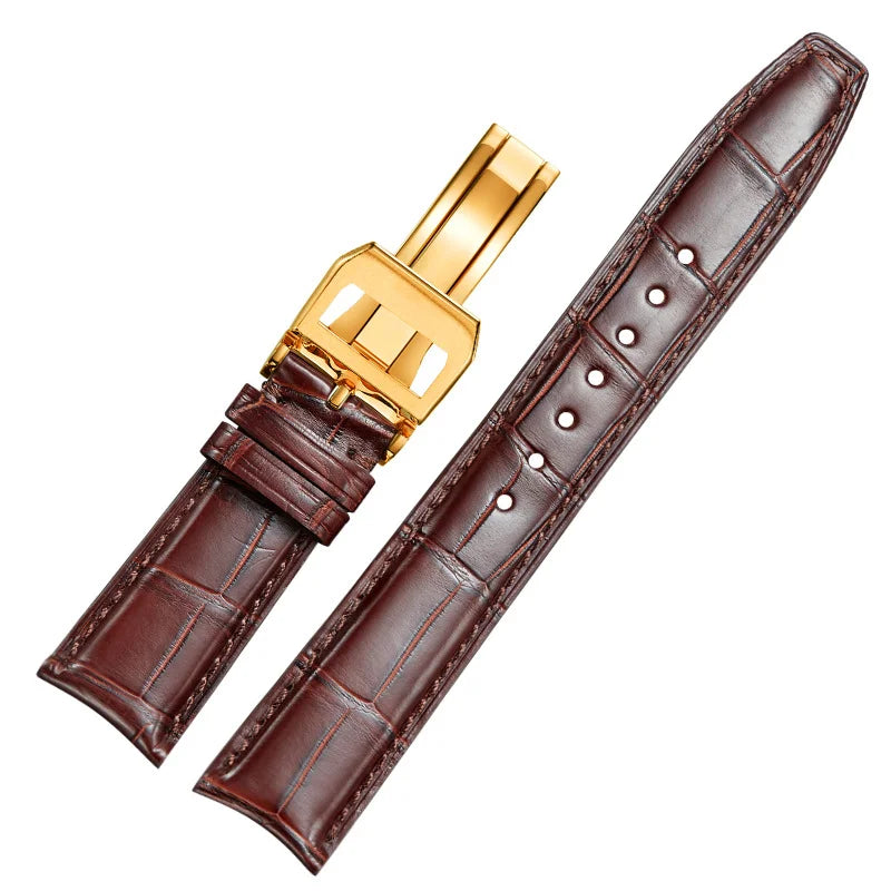 WatchesMate brown alligator-textured leather strap for IWC Portugieser with gold deployant clasp.