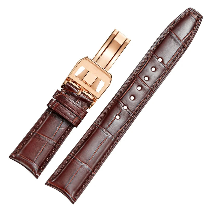 WatchesMate brown alligator-textured leather strap for IWC Portugieser with rose gold deployant clasp.