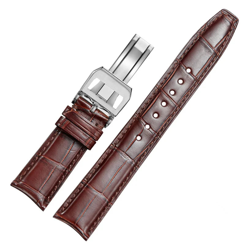 WatchesMate brown alligator-textured leather strap for IWC Portugieser with silver deployant clasp.