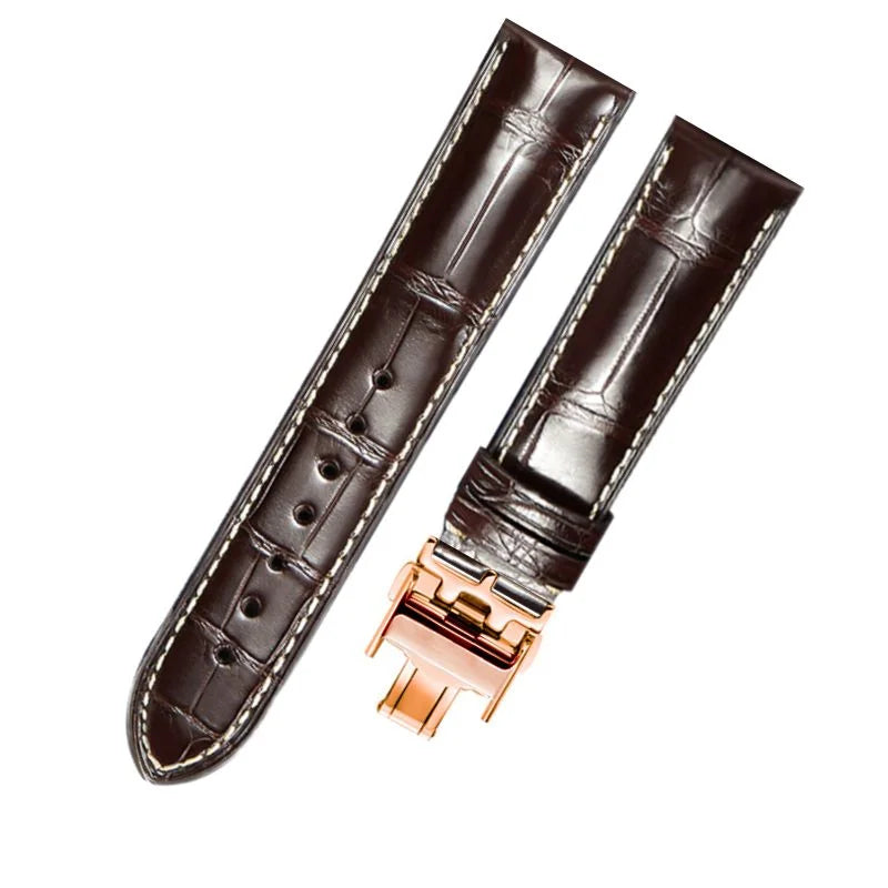 WatchesMate brown alligator-textured leather strap for Longines with rose gold deployant clasp.