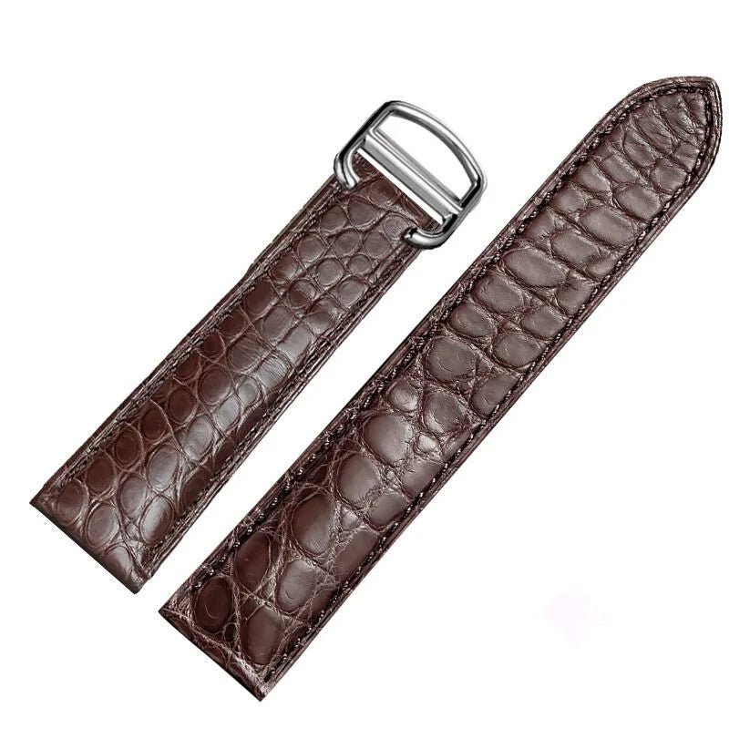 WatchesMate brown alligator-textured leather strap compatible with Cartier Tank, featuring a silver folding buckle