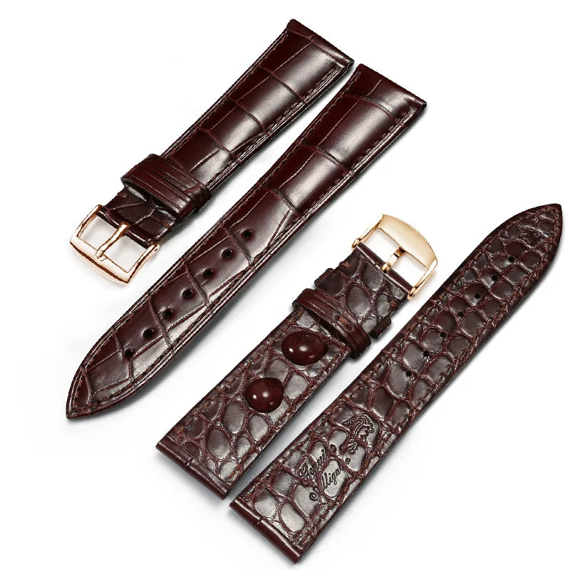 Brown dual-sided alligator-textured leather strap with rose gold pin buckle.