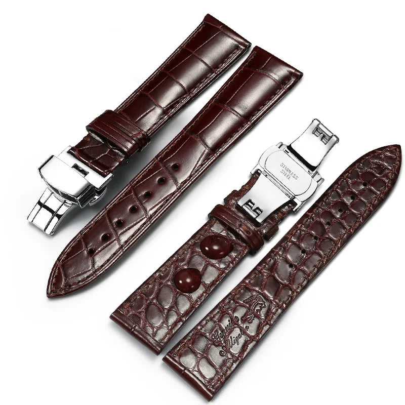 WatchesMate brown dual-sided alligator-textured leather watch strap featuring a silver butterfly clasp.