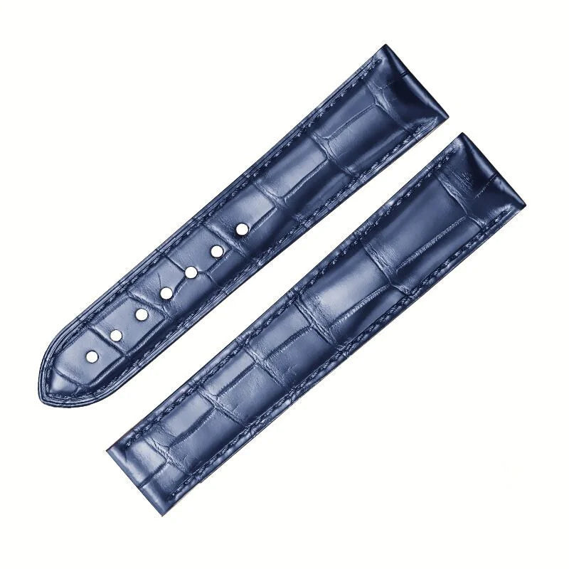 WatchesMate dark blue alligator-textured leather strap for Omega, handcrafted with artisan hand‑stitched detailing.