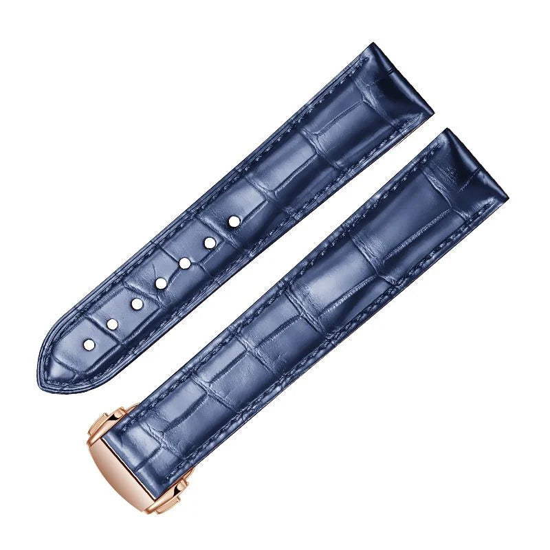 Dark blue alligator-textured leather strap for Omega with rose gold deployant clasp, showcasing exquisite artisan stitching.