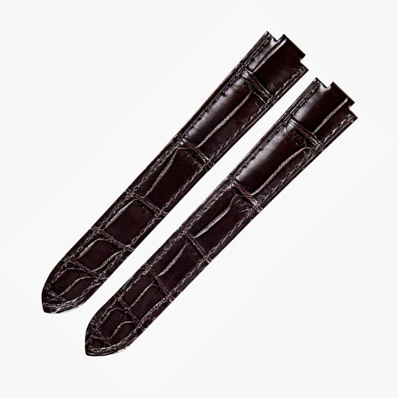 WatchesMate dark brown alligator-textured leather strap compatible with Cartier Ballon Bleu watches, evoking classic vintage charm