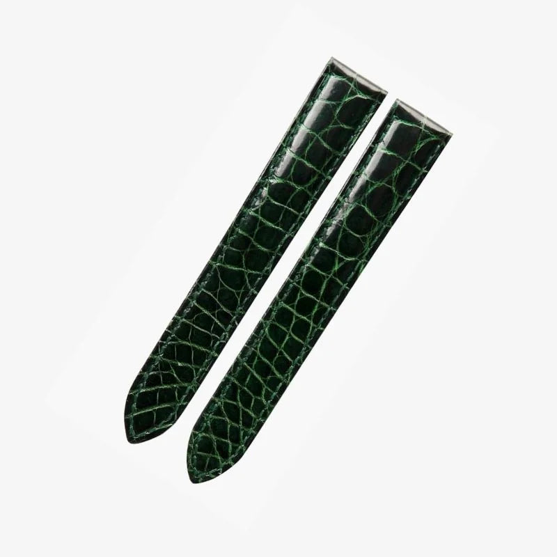 Dark green alligator-textured leather watch strap by WatchesMate, compatible with Cartier Tank and similar watches