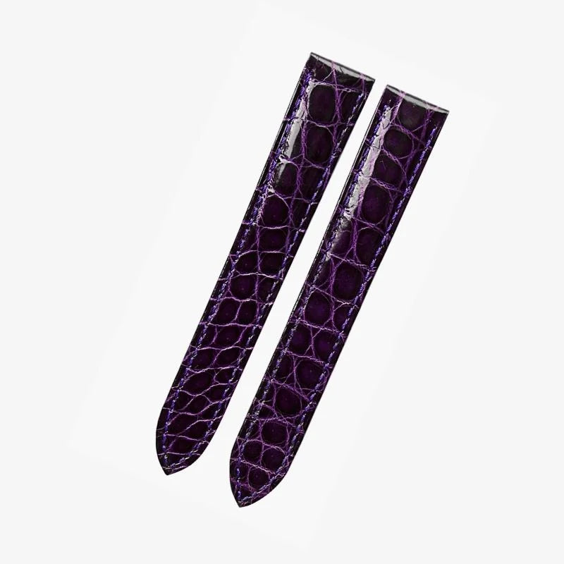 Dark purple alligator-textured leather watch strap by WatchesMate, compatible with Cartier Tank and similar watches
