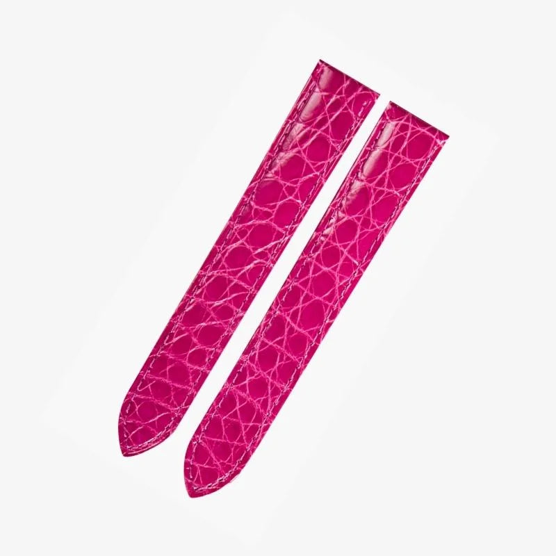 Fuchsia alligator-textured leather watch strap by WatchesMate, compatible with Cartier Tank and similar watch models