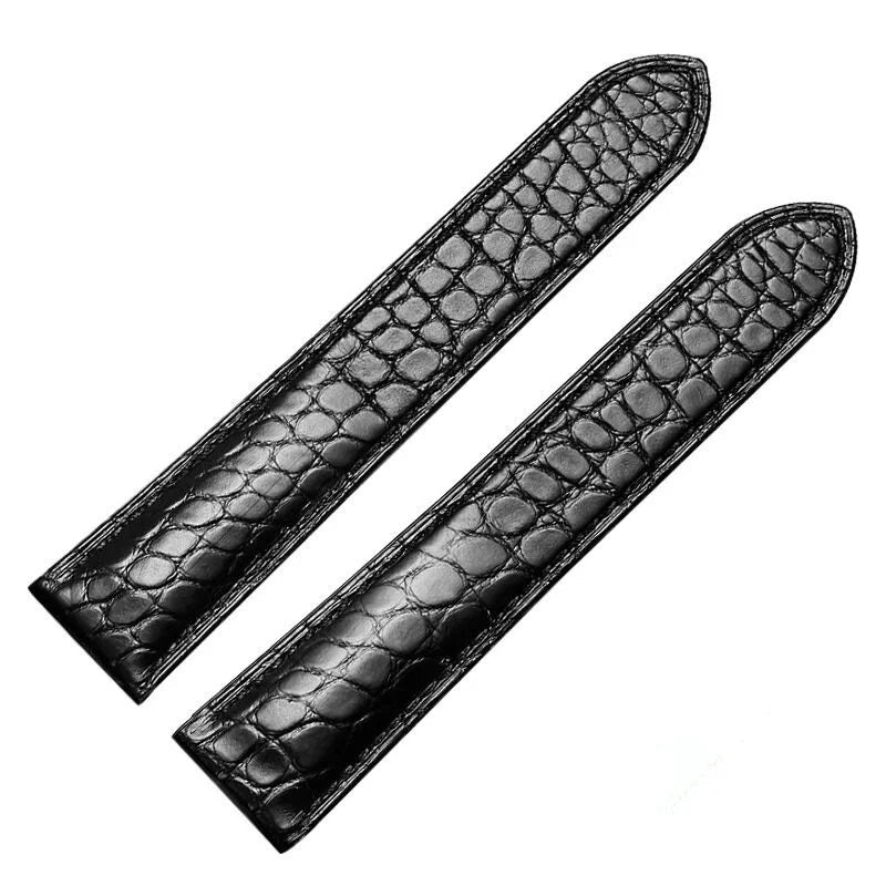 WatchesMate black alligator-textured leather strap, compatible with Cartier Tank watches, showcasing sleek contemporary style