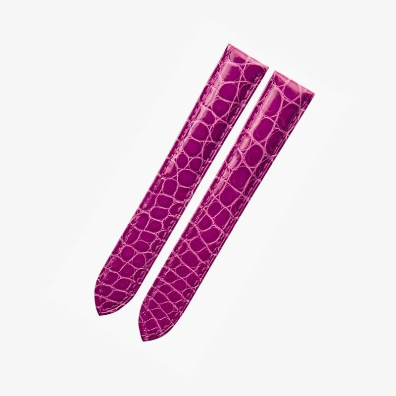 Purple alligator-textured leather watch strap by WatchesMate, compatible with Cartier Tank and similar watch models