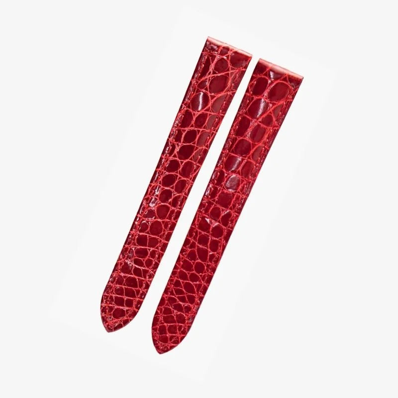 Red alligator-textured leather watch strap by WatchesMate, compatible with Cartier Tank and similar watches