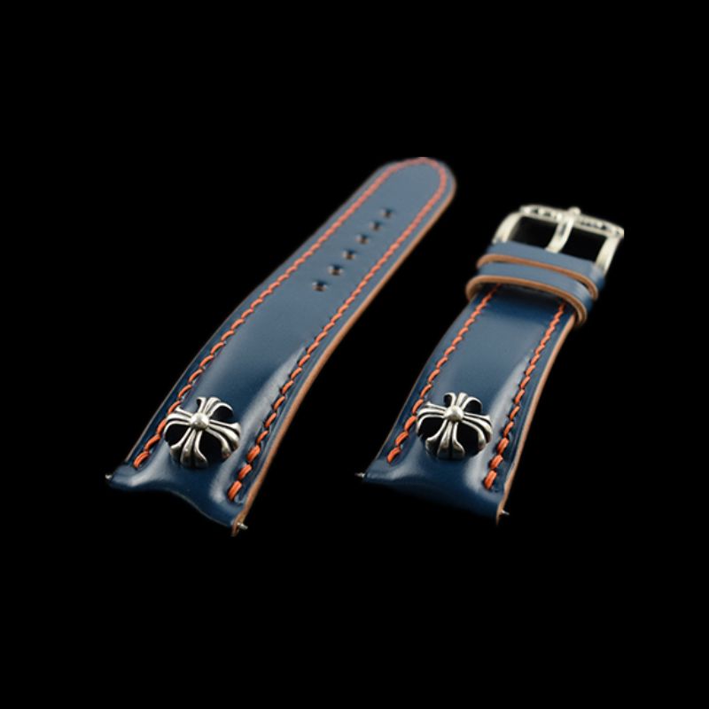 Handcrafted blue Shell Cordovan watch strap with 925 sterling silver cross. Gothic punk aesthetics meet Japanese craftsmanship.