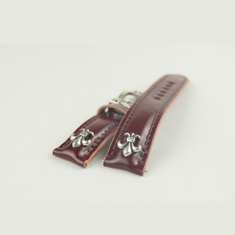 925 silver iris in Gothic relief on maroon watch strap, embodying punk’s untamed spirit through intricate carvings.