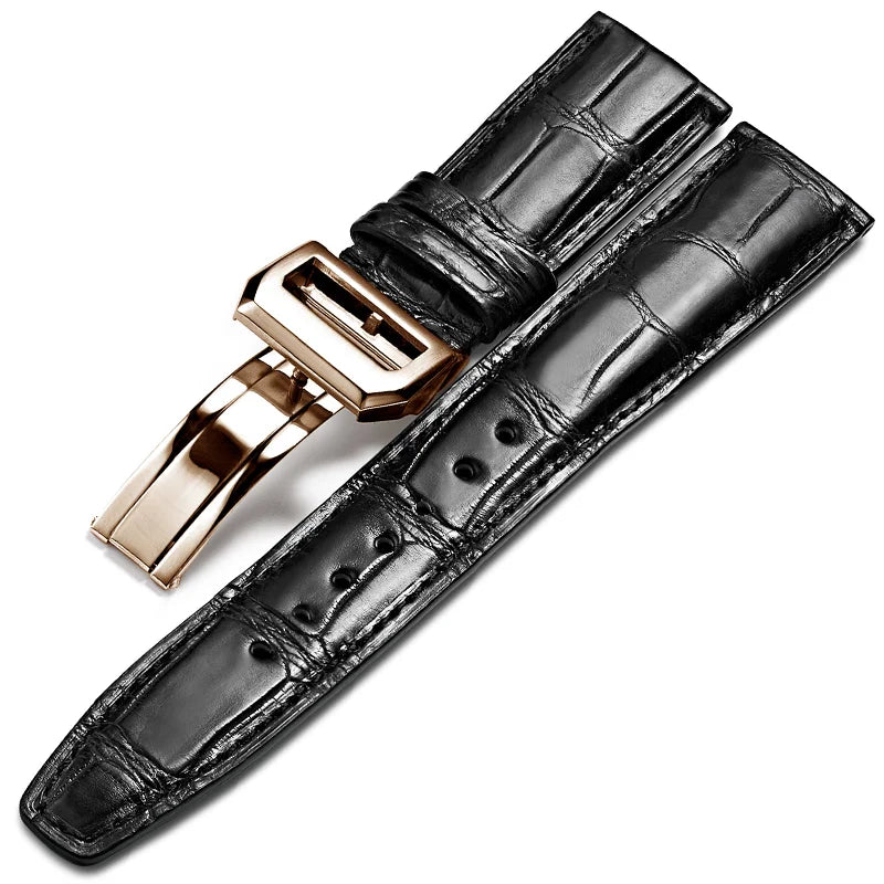 WatchesMate black alligator-textured leather strap with rose gold folding clasp, compatible with IWC Portofino watches