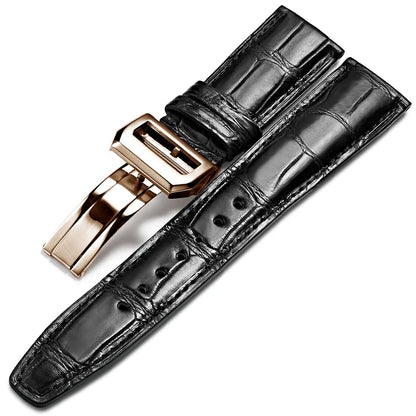 WatchesMate black alligator-textured leather strap with rose gold folding clasp, compatible with IWC Portofino watches