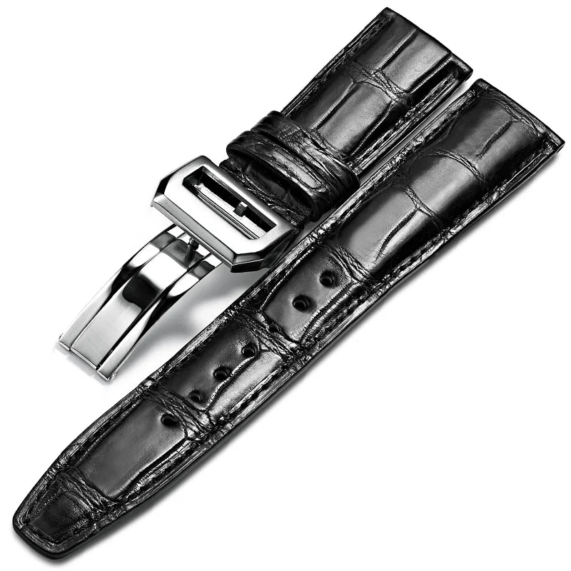 WatchesMate black alligator-textured leather strap with silver folding clasp, compatible with IWC Portofino watches