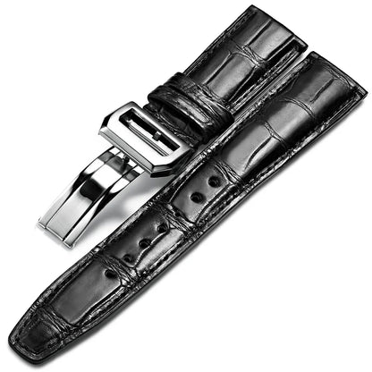 WatchesMate black alligator-textured leather strap with silver folding clasp, compatible with IWC Portofino watches