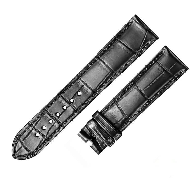 Black alligator-textured leather watch strap by WatchesMate, compatible with multiple watch models
