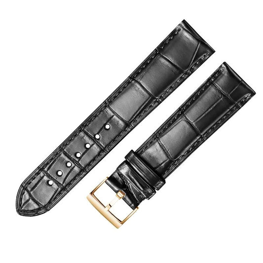 Black alligator-textured leather watch strap with gold pin buckle by WatchesMate, compatible with multiple watch models