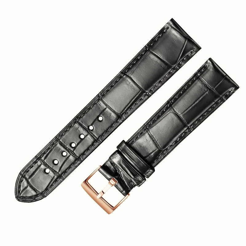 Black alligator-textured leather watch strap with rose gold pin buckle by WatchesMate, compatible with multiple watch models
